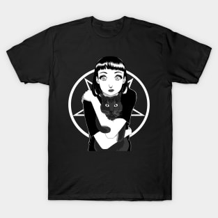 Goth GIrl Black Cat Pentagram T-Shirt